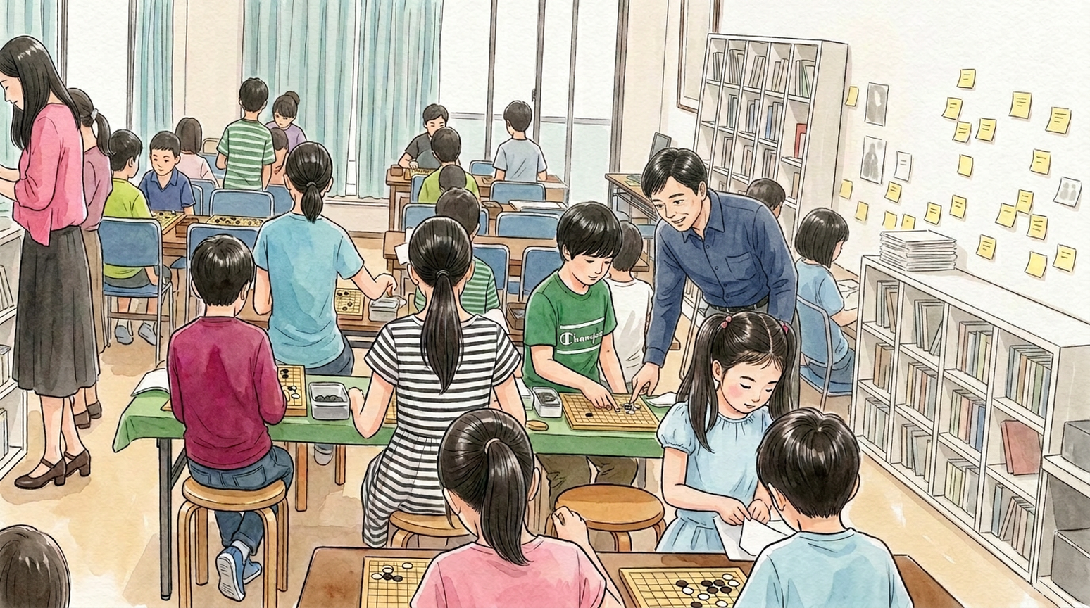 市川こども囲碁道場の授業風景。プロ棋士・三村智保九段が温かく見守る中、対局に集中する子どもたち