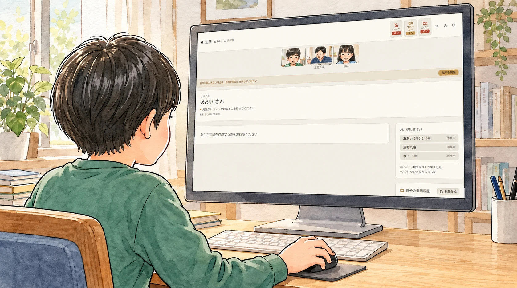 自宅の生徒が、講師と仲間の映像が並ぶ実際のホーム画面を見ている様子