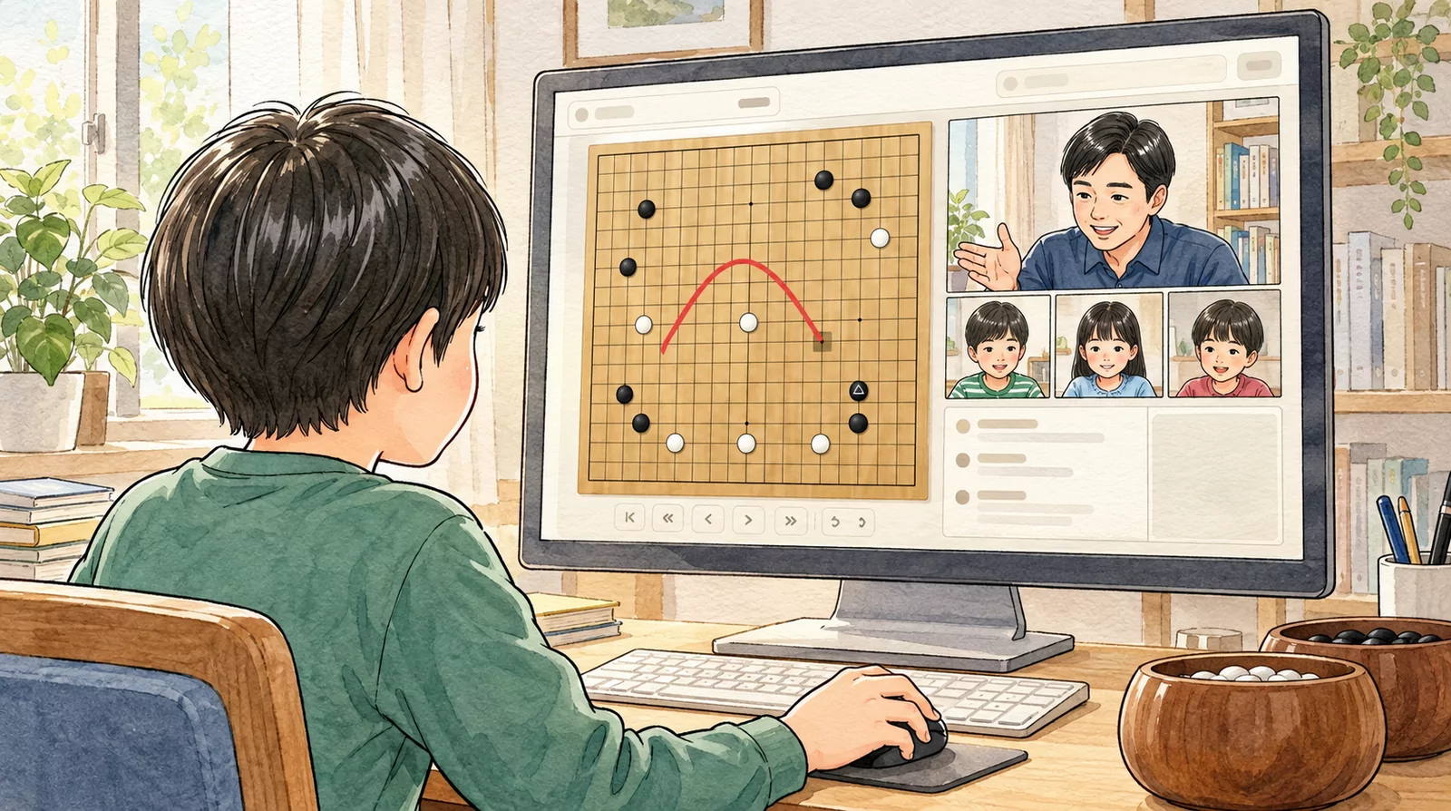 自宅の生徒が、碁盤と先生・仲間の顔が映る画面を見ながらオンライン指導を受けている様子